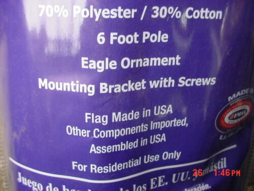 3/' x 5/' Deluxe USA Flag w//6/' Pole Kit   Wall or Porch Mount  Made in U.S.A.