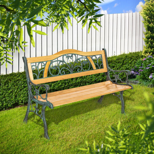 Banc mobilier meuble de jardin parc terrasse en bois et fonte 124cm neuf