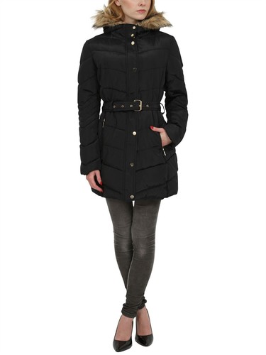 Womens Coat Parka Waist Belt Fur Zipped Padded Quilted Jacket Black Hood UK 8-16