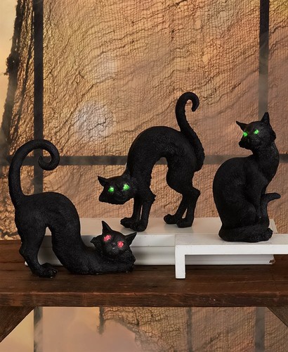 Stretching Black Cat with Lighted Green Eyes Halloween Table Shelf Home Decor