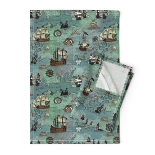 Ship Map Sailing Nursery Decor Linen Cotton Tea Towels by Roostery Set of 2