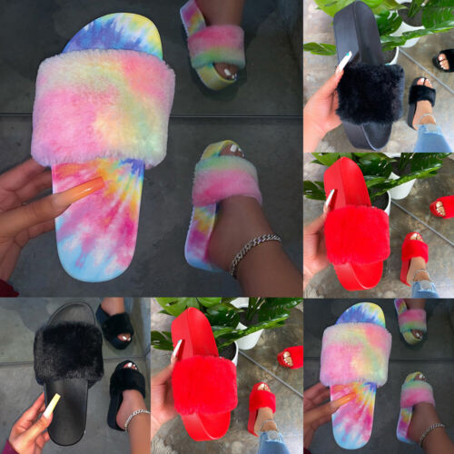 Women Ladies Fluffy Tie Dye Slippers Furry Slides Fur Platform Outdoor Sandals 