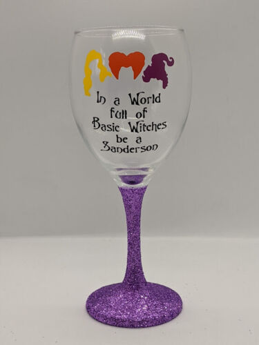 Hocus Pocus Halloween Disney glitter wine glasses purple black handmade 