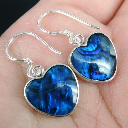 Small Heart Shape BLUE PAUA ABALONE SHELL /& 925 Sterling Silver Earrings
