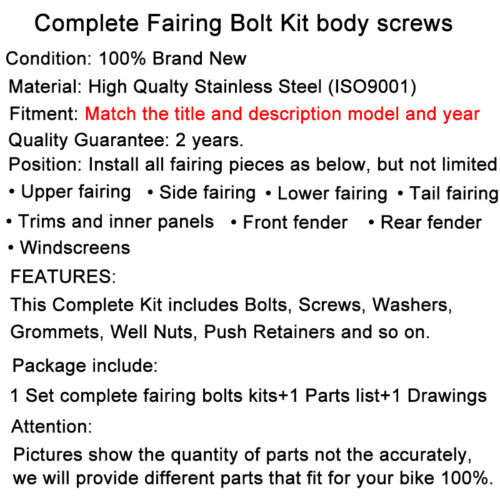 For 2001-2012 Yamaha FJR1300 2011 Motorcycle Fairing Bolt Kit Stainless Screws 