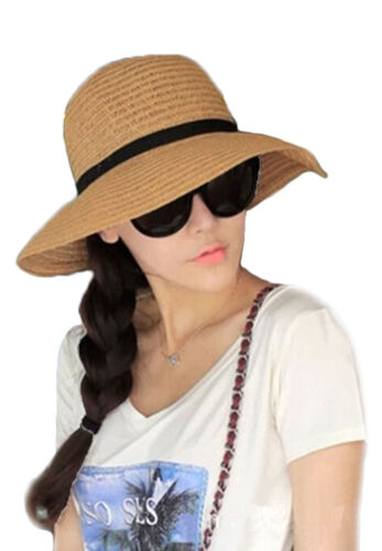 Floppy Foldable Ladies Women Straw Beach Sun Summer Hat Beige One Size Wide cb