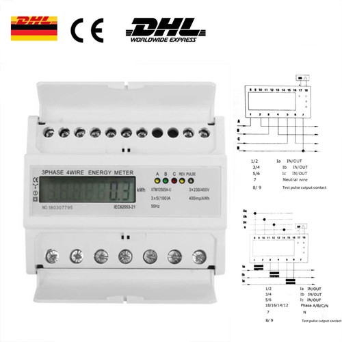 LCD Drehstromzähler geeicht für DIN Hutschiene 3x230//400V 5 A Stromzähler 80