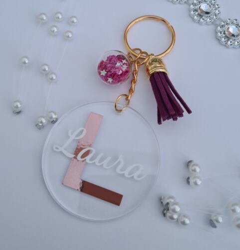 Personalised Keyring Acrylic keychain with vinyl initial and name gift personal 