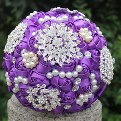 15 Colors Bridal Bouquet Brooch Crystal Pearls SILK Flowers Rose Wedding Flower