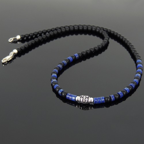 Men/'s Handmade Necklace Gemstone Matte Black Onyx Lapis S925 Sterling Silver