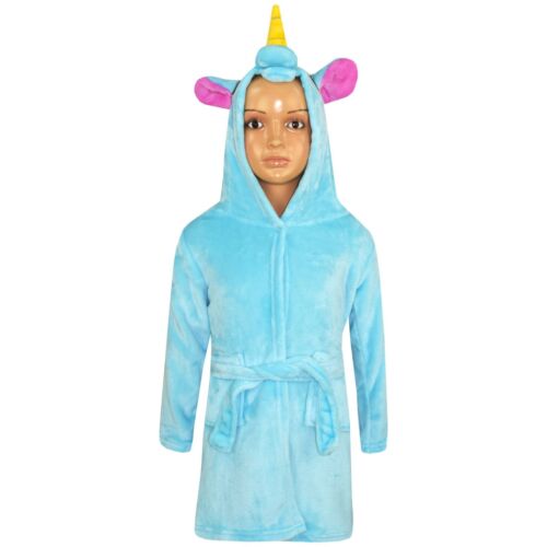 Boys Girls 3D Animal Unicorn Blue Bathrobe Fleece Dressing Gown Loungewear 2-13Y