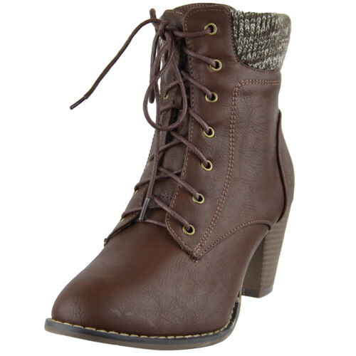 Women Ankle Boots Knitted Collar Casual Lace Up Dress Shoes High Heel Brown