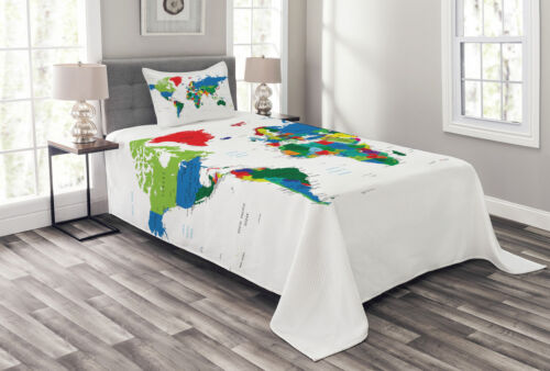 World Map Quilted Bedspread & Pillow Shams Set Colorful Political Print 