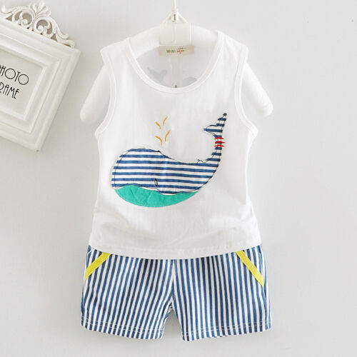 1 set baby toddler Kids boys summer outfits cotton top tank+shorts whale
