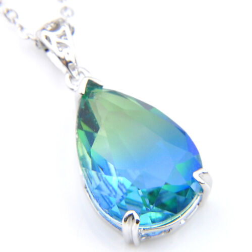 Teardrop London Blue Rainbow Bi Colored Tourmaline Gems Silver Necklace Pendants 