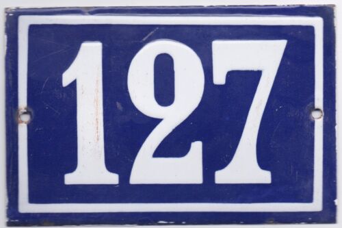 Old blue French house number 127 door gate wall plate steel enamel sign pick