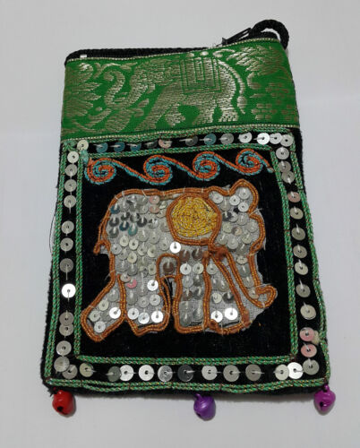 Elephant Bags Thai Handmade Cotton Mobile Phone Strap Bags Crafts Purses Green 
