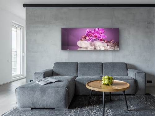 Glasbild Wandbild GLX12582457632 Steine Orchidee 125 x 50cm