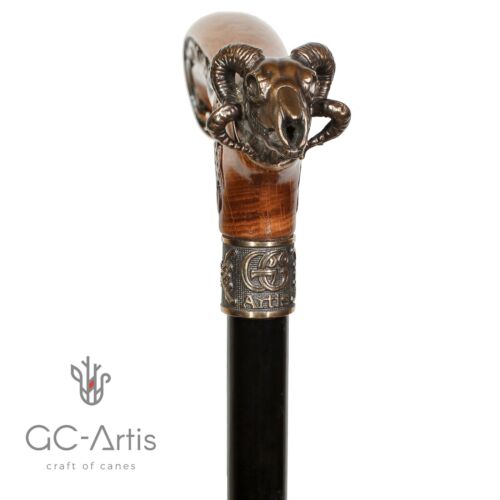Details about  / Metal walking stick cane solid brass bronze Ram Skull wooden handle black shaft