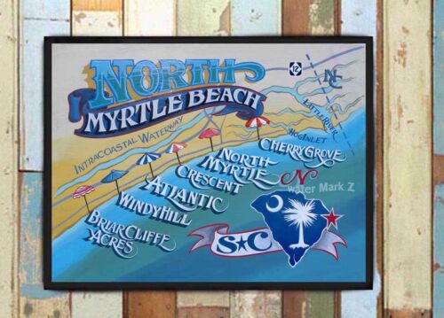 North Myrtle Beach  Map style Poster decor  vintage  style south carolina beach