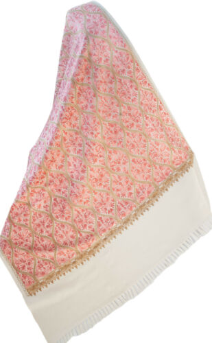 Large Crewel Embroidered Wool Shawl Pink /& Gold on White Paisley Pashmina
