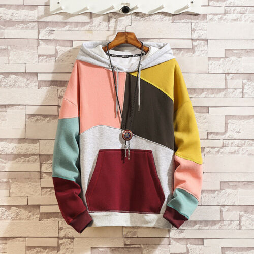 Mens Fashion Stitching Patchwork Sweatshirt Youth Casual Hoodie Hip Hop Pullover