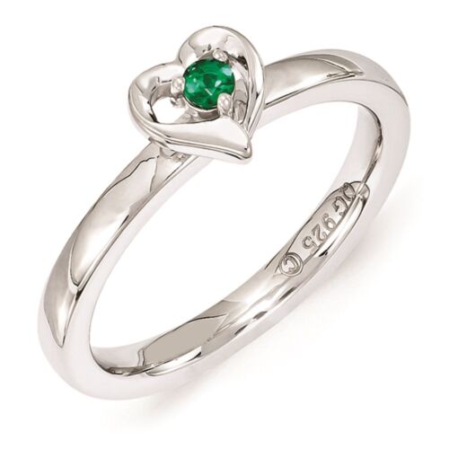 Silver Stackable Heart Ring Created Emerald stone May Birthstone Jewelry QSK1526