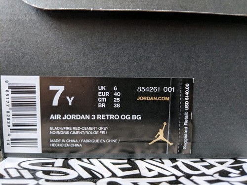 Nike Air Jordan Retro III 3 OG Black Cement 2018 Grey Fire Red GS 854261-001