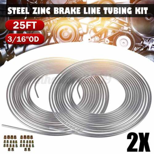 2x 25FT 3//16/" OD Zinc Steel Brake Line Tubing Kit Coil Roll 32x Tube Fittings