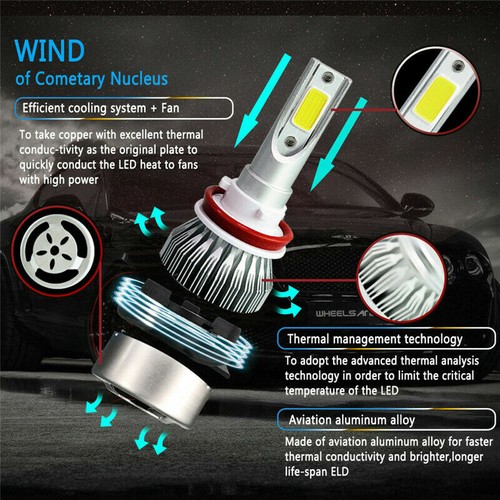 2PCS Car LED Headlight C6 H8 H9 H11 72W Lamps 6400LM 6000K COB Bulbs Light Kit