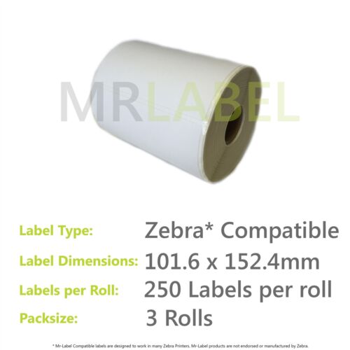 FAST FREE SHIPPING! Zebra Compatible 6x4" 101.6x152.4mm Direct Thermal Labels 