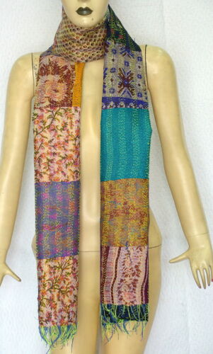 Vintage Reversible Multi Kantha Dupatta Long Scarf India Pure Silk Fabric Hijab 