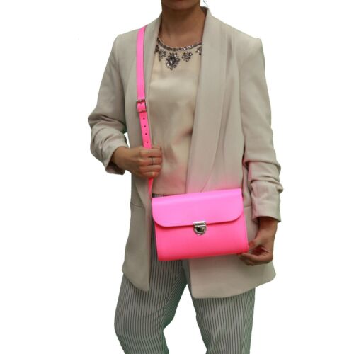 Neon Pink Large Handmade London Satchel Cross Body Clasp Closure Ladies Handbag 