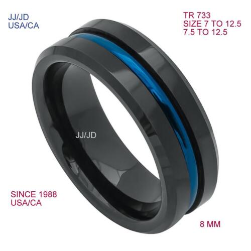Tungsten Ring Blue IP Platted Grooved Center 8 mm Men Wedding Band Bridal 733 