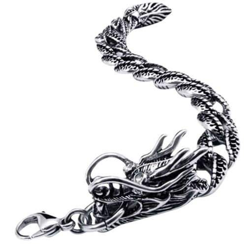 8.3" Antique Men's Heavy Stainless Steel Link Chain Wrist Dragon Biker Bracelet 