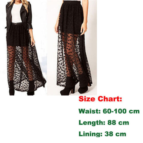 Women High Waist Sheer Gauze Mesh Tulle Lace Dots Gothic Long Maxi Skirt ZP 