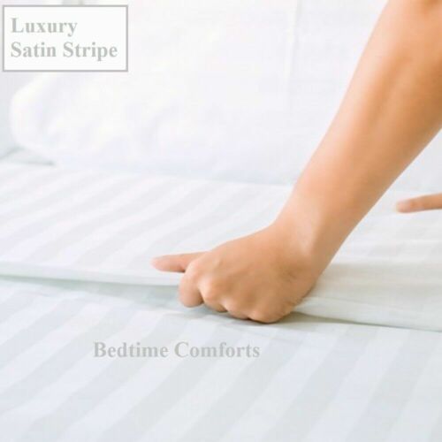 300TC SATIN STRIPE FITTED SHEET White Hotel Quality DOUBLE 4/' 6/"