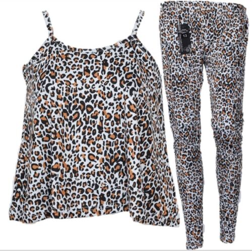 Bambine Bambini Leopardo Canottiera Canotta T-shirt LEGGING CROP TOP Out Fit senza maniche