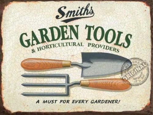 Gardening Smiths Garden Tools Large Metal Tin Sign Gardener Fork Trowel Old 