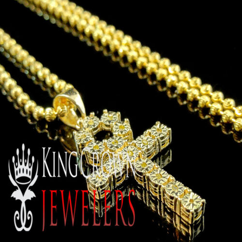 Real Yellow Diamond Mini Egyptian Ankh Cross Pendant Chain Set 10K Gold Finish
