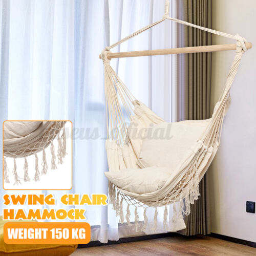 US Swing Chair Hammock Hanging Seat Rope Porch Patio Garden Yard W/ 2 Cushions 