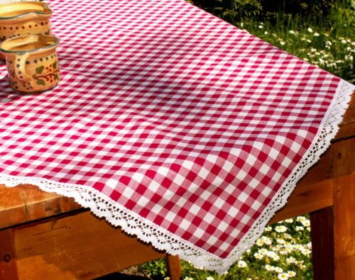 rot-weiß karierte Tischdecke Mitteldecke Läufer Bauernkaro mit Klöppelspitze