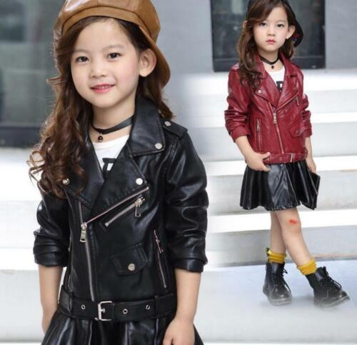 New Kids Motorcycle Faux Leather Jacket Girls PU Coat Overcoat Outerwear S4-12Y
