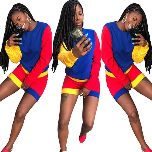 Fashion Women Long Sleeve Color Blocking Short Pants Set Casual Clubwear 2pcs