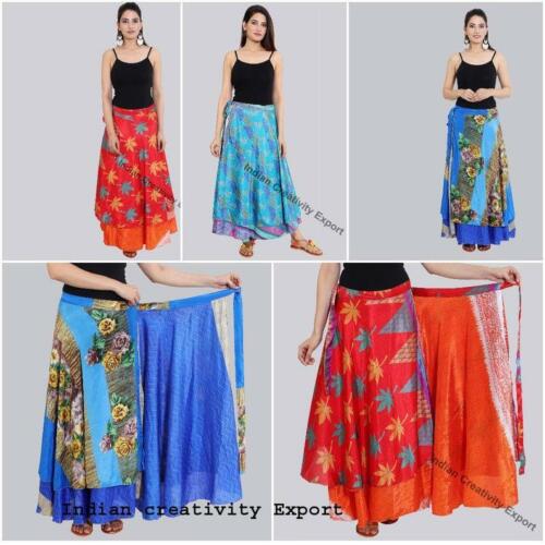 Wholesale of Reversible Long Silk Sari Skirt Handmade Magic Wrap Two Layer Skirt