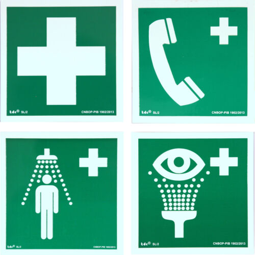 Rettungszeichen: Erste Hilfe, Notruftelefon,Notdusche, Augendusche Nachleuchtend