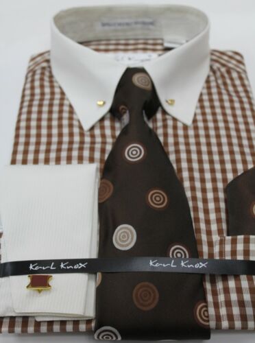 Mens Brown Check Cream Pin Collar Bar Double Cuff Dress Shirt Karl Knox 4463 S