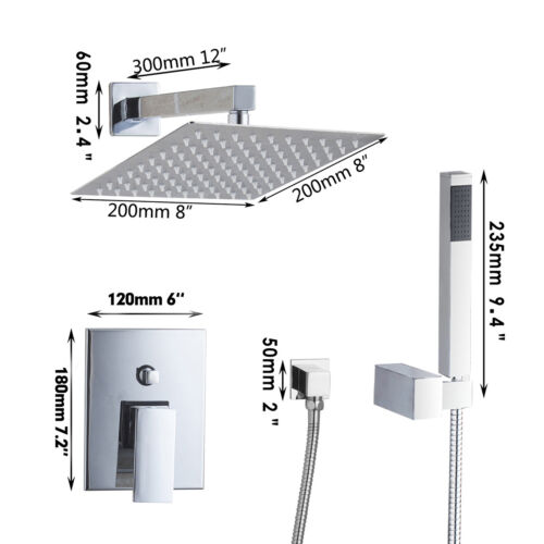 8"LED Thin Rainfall Shower Head Bathroom Faucet Set Chrome Mixer Tap Wall Mount 