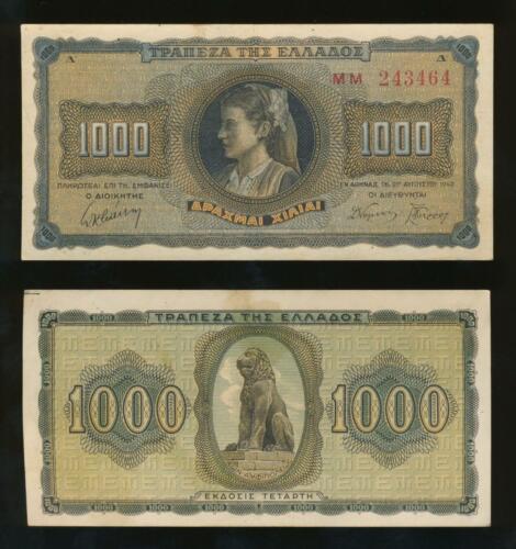 Greek banknote Statue of Lion Chaironeias Type C Greece 1000 Drachmai 1942 UNC