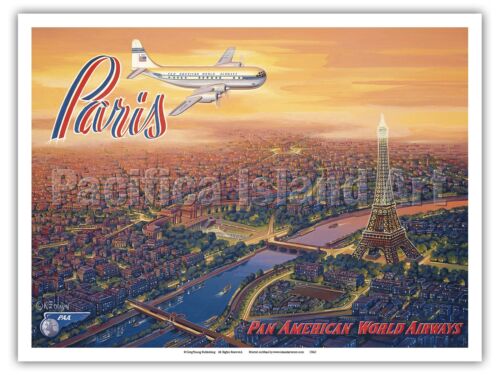 Over Paris France Pan American Kerne Erickson Vintage Style Travel Poster Print 